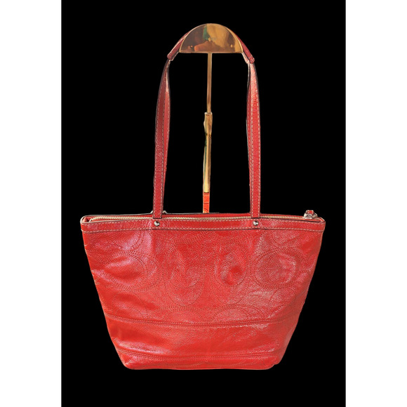 Coach Tangerine Stitched Patent Leather Tote Shoulder Bag F15142 Purse - Picture 2 of 10